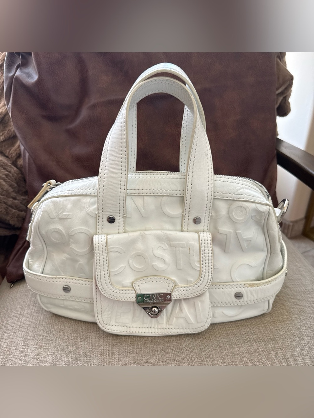 Costume National White Embossed Leather Satchel Bag with Top Handles